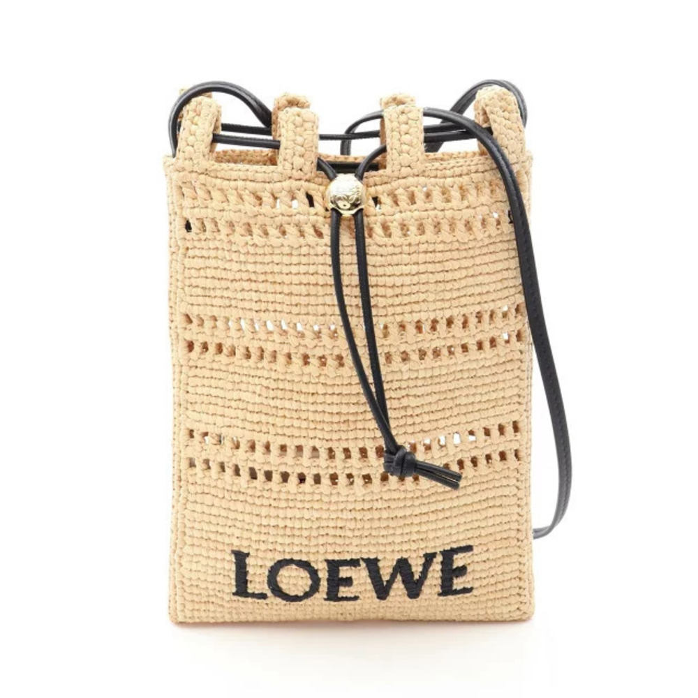Loewe Anagram Shoulder Bag Leather Raffia Beige Cream Black